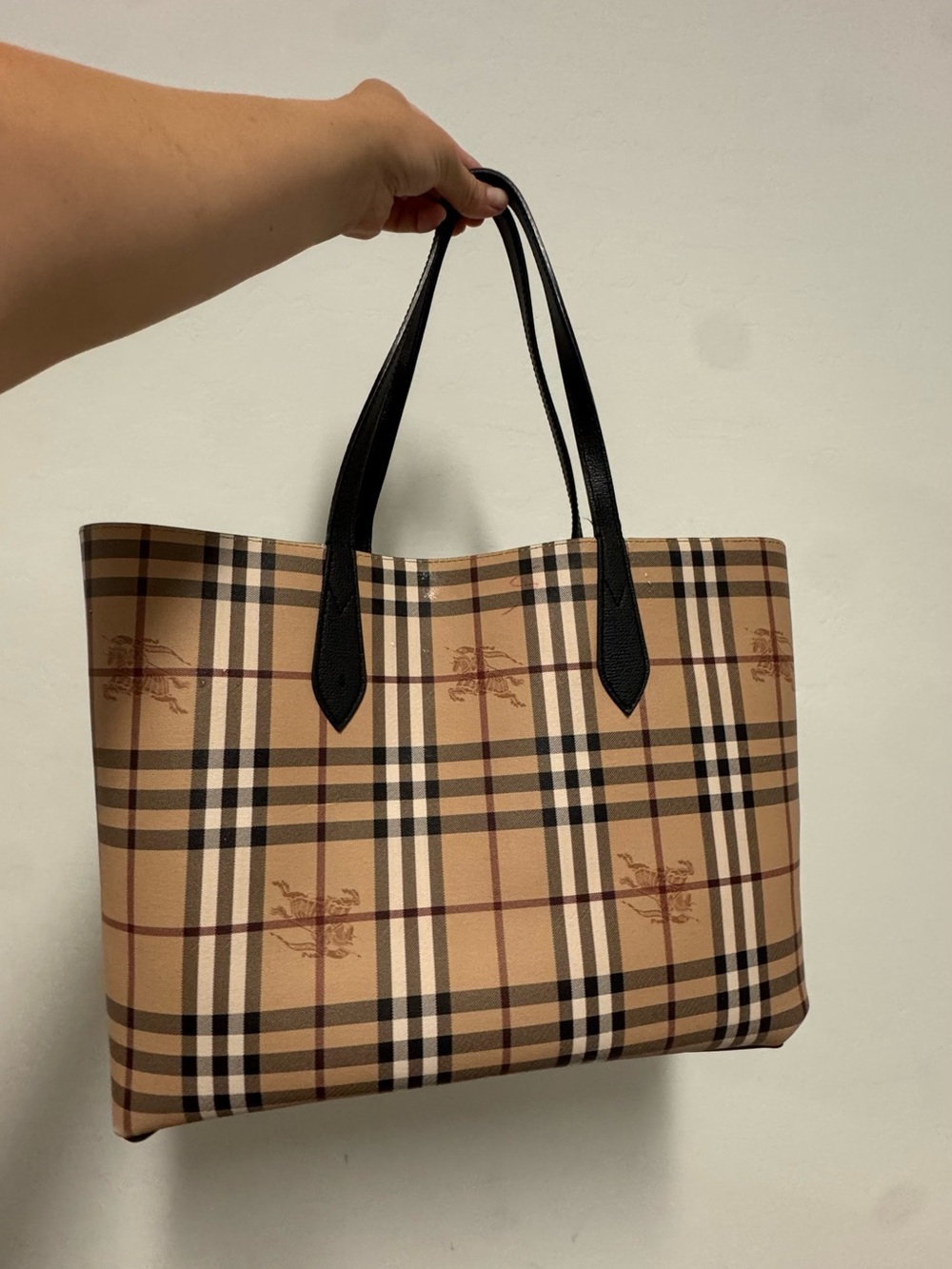 Burberry Beige Check Tote with Black Handles
